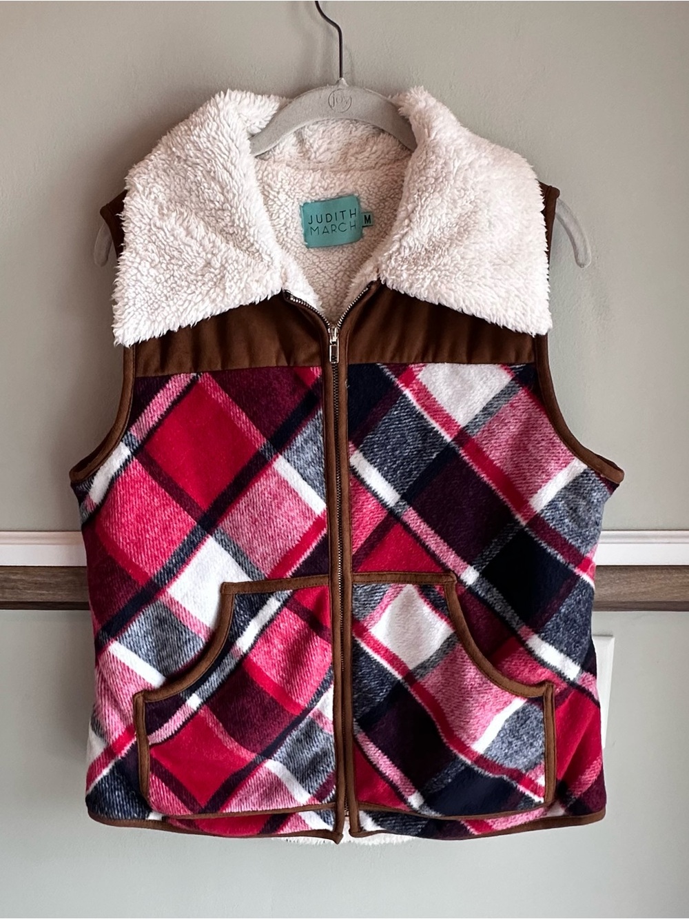 Judith March Red Blue Plaid Full Zip Sherpa Vest
